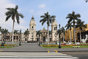 Plaza De Armas, the central place in Lima. In the background there is the cathedral.